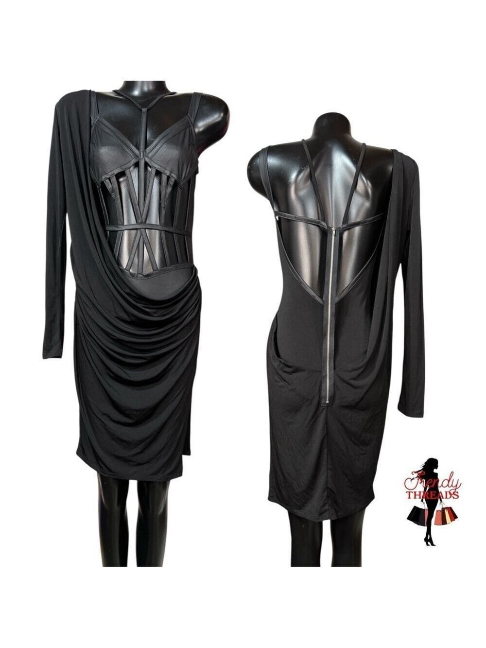 Fashion Queen NEW Cage Corset Dress Medium Sexy Little Black Backless Draped LBD